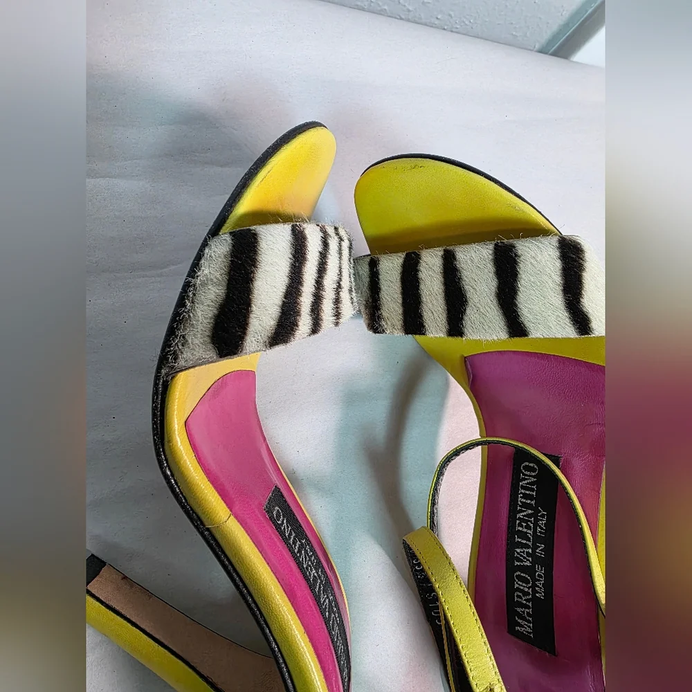 Mario Valentino Italy Zebra Print Calf Hair & Lime Green Leather Heel Sandals